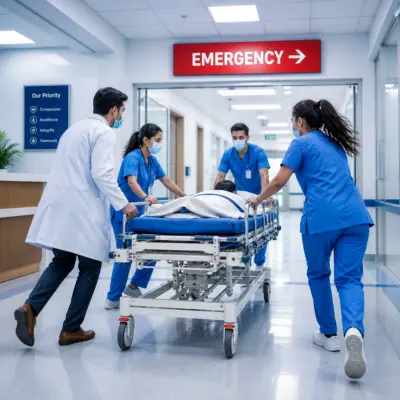 Emergency medical team rushing a patient on a stretcher through a hospital corridor.