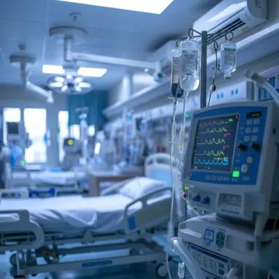 A modern intensive care unit room with medical equipment and empty beds.