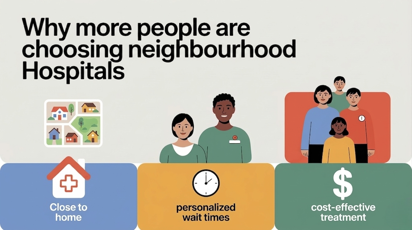 An infographic titled "Why more people are choosing neighbourhood Hospitals" featuring illustrations