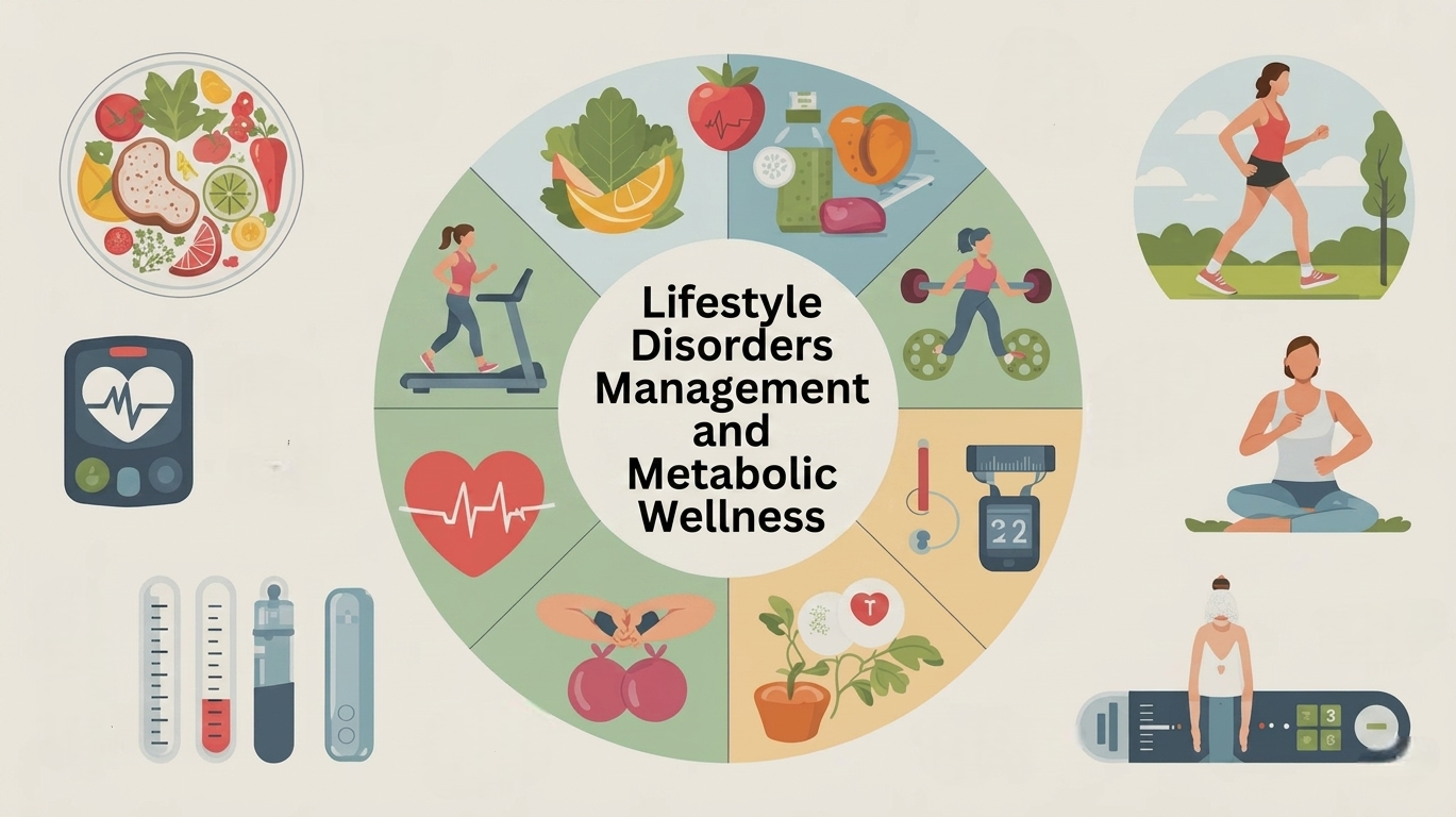 An infographic about health and lifestyle titled "Lifestyle Disorders Management and Metabolic Wellness
