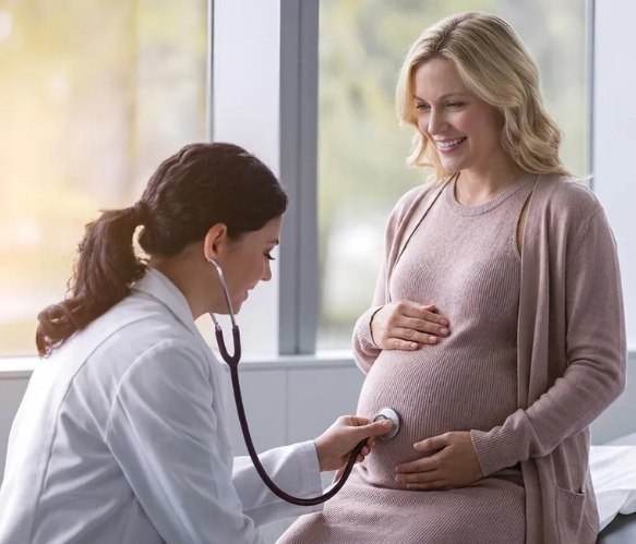 A female doctor in a white coat uses a stethoscope to check the belly of a smiling, pregnant blonde woman