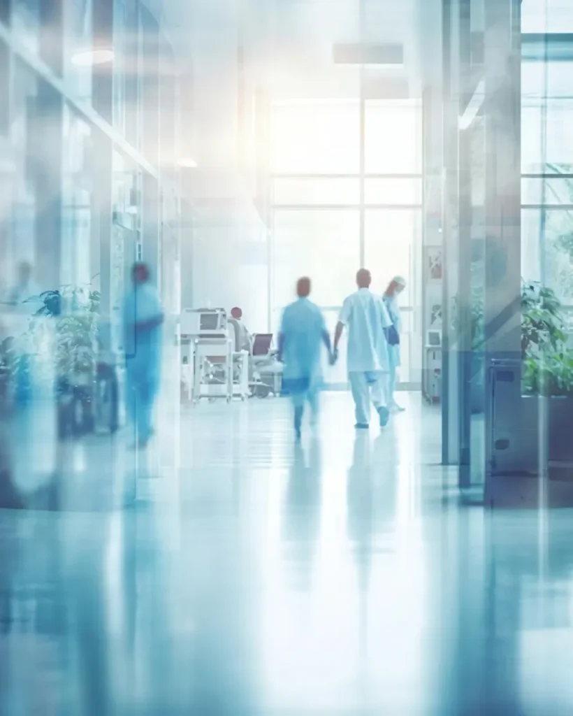 Two medical professionals walk down a bright, modern hospital corridor with sunlight streaming in from the end.