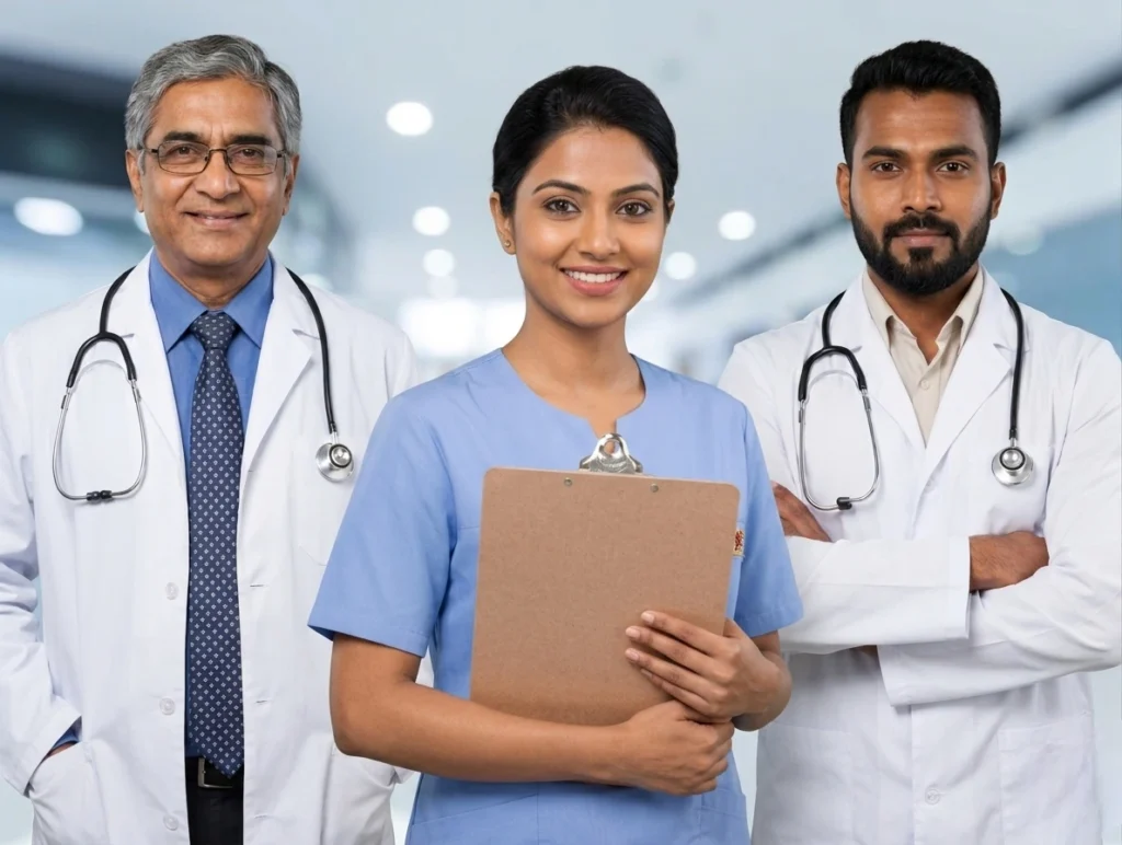 A professional medical team consisting of two Indian male doctors in white coats with stethoscopes