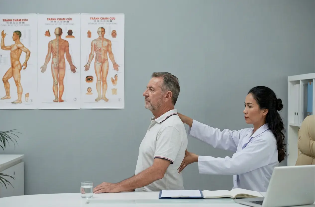 A female doctor in a white lab coat performs a back examination on a senior male patient