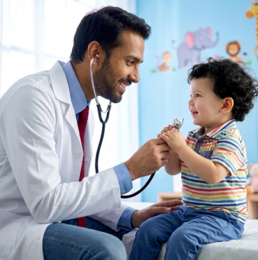 An male doctor smiling while checking a young boy in a hospital.