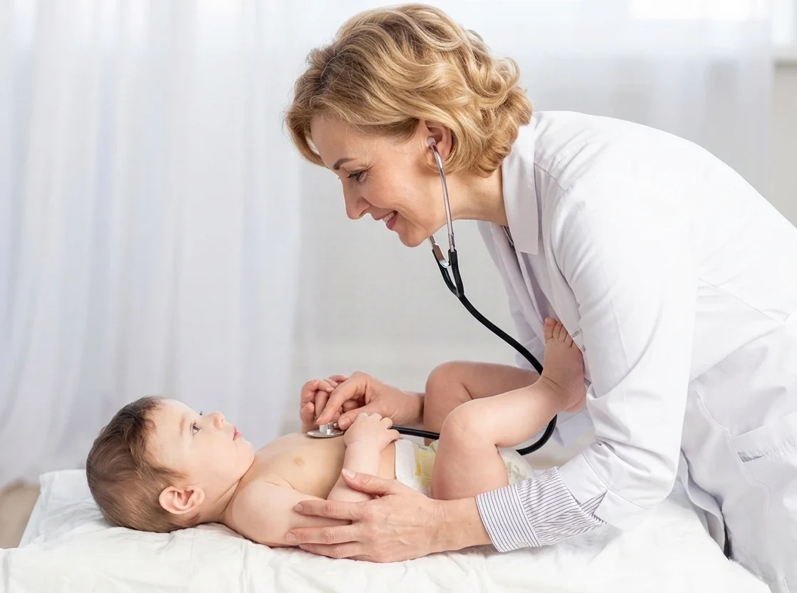 A smiling female pediatrician in a white lab coat uses a stethoscope to examine a baby.