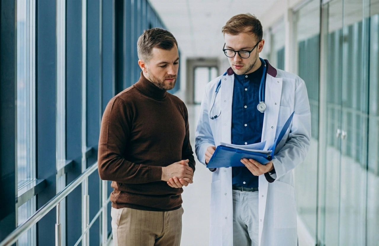 A male doctor in a white lab coat and glasses reviews medical documents