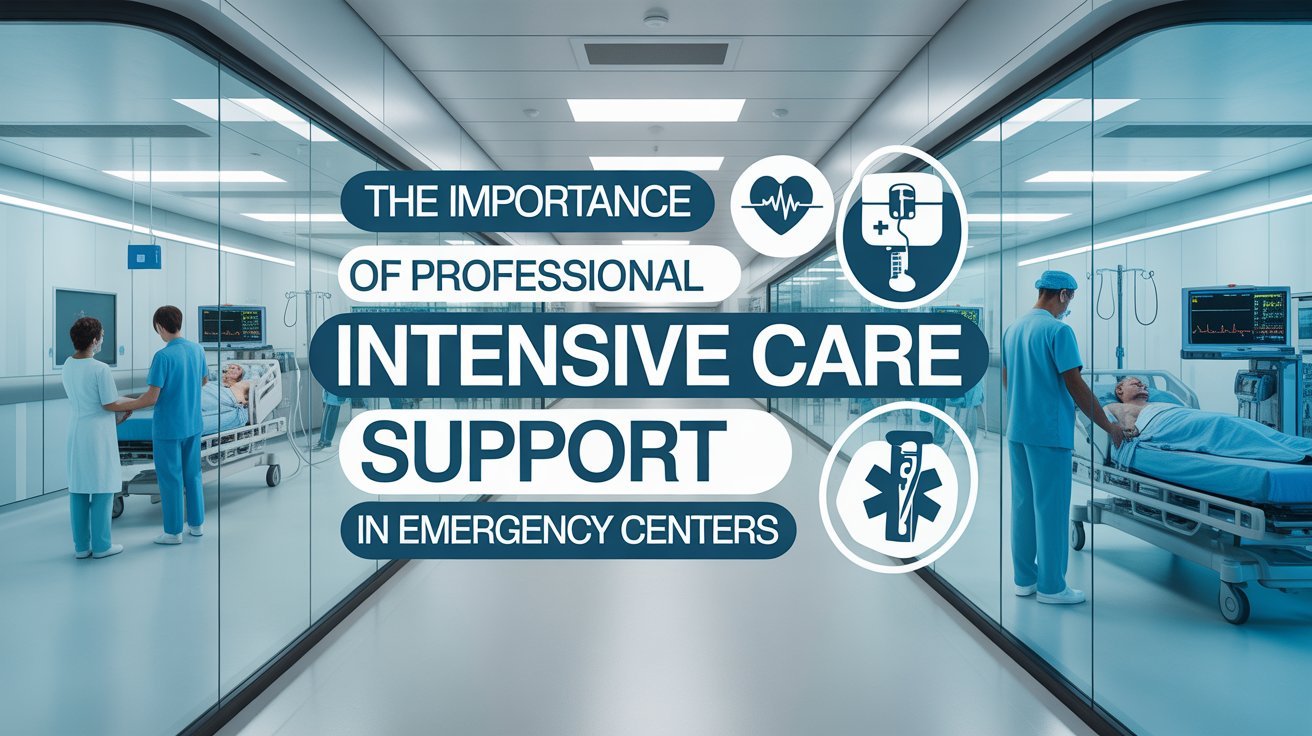 An infographic showing a modern hospital intensive care unit with the text "The Importance of Professional Intensive Care