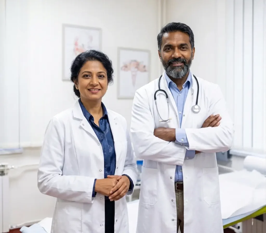 Two smiling Indian doctors in white lab coats stand in a bright, professional medical office.