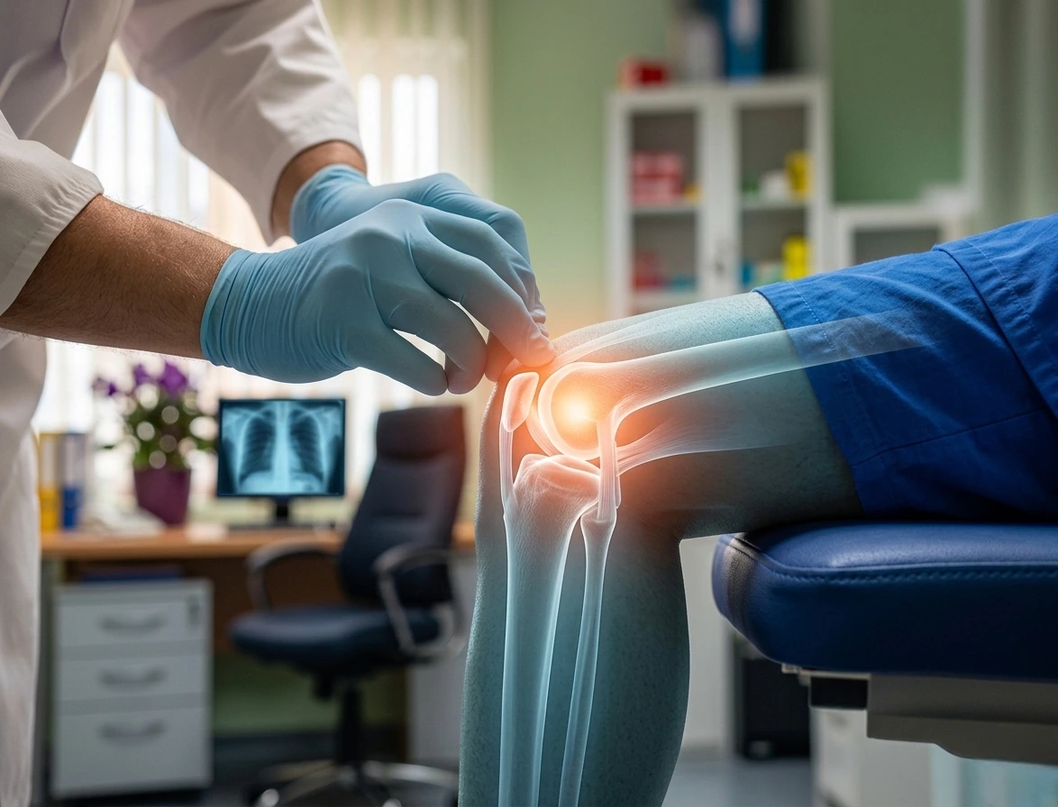 A doctor in a bright, colorful medical office examines a patient's knee
